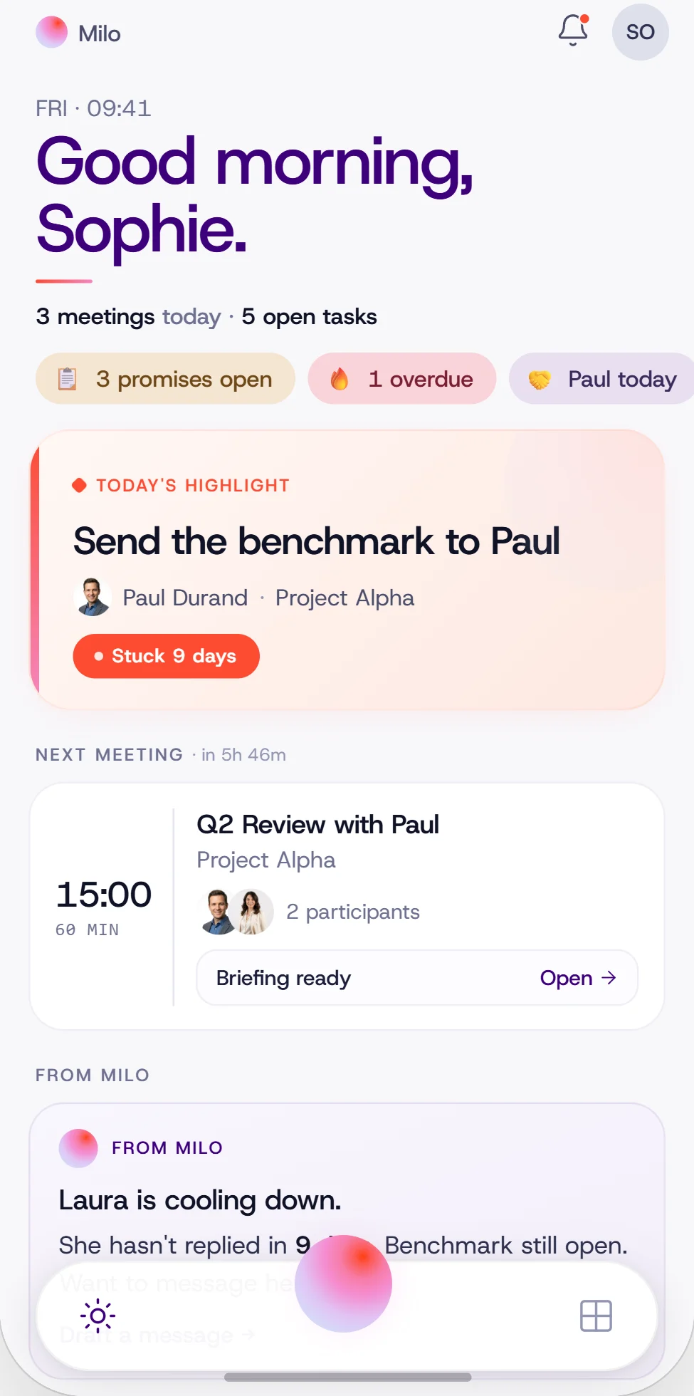 Knovit app home screen: a morning briefing with the day's meetings, open promises and the next meeting's brief ready.